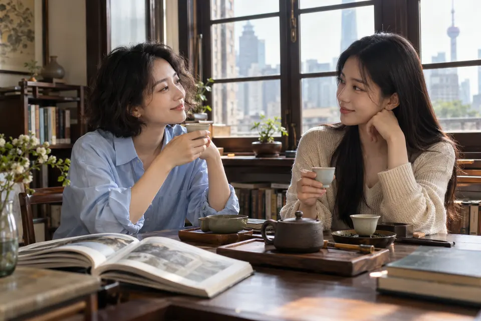 城市茶文化交流场景，年轻女性在茶席前阅读与品茶