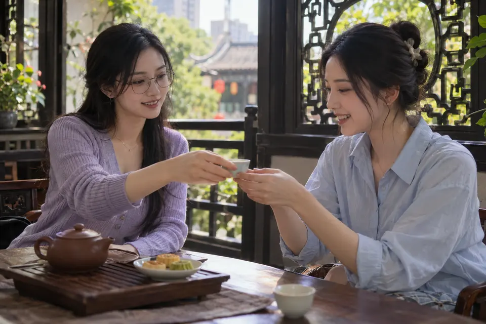 花窗前的茶点与茶杯，朋友围坐交流