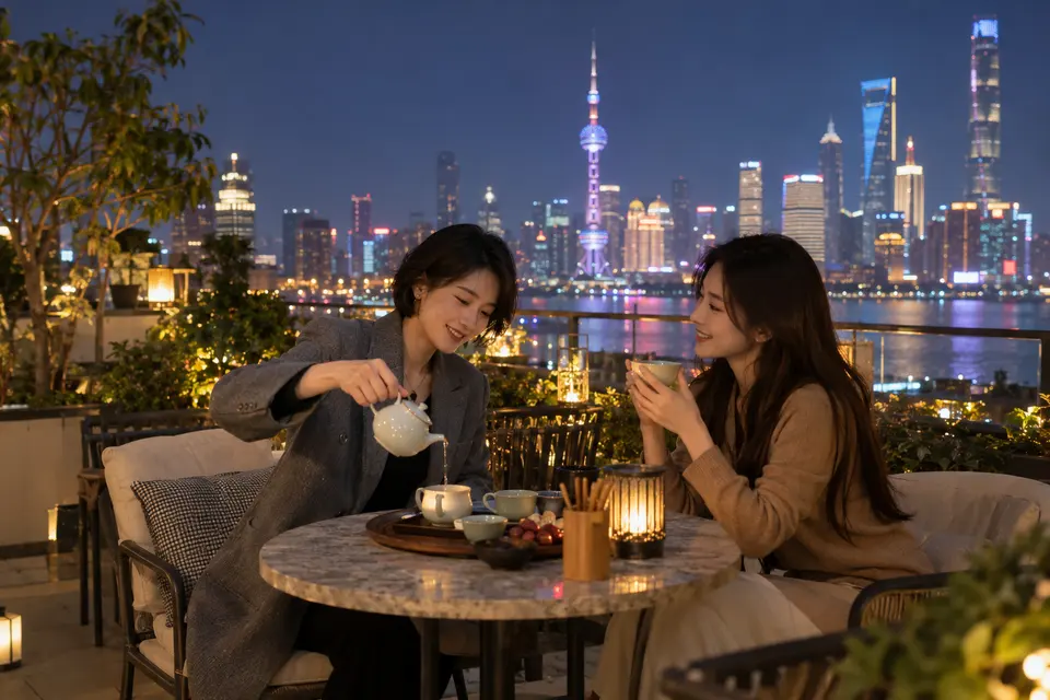 屋顶露台的夜茶交流，两位朋友在灯下倒茶对谈