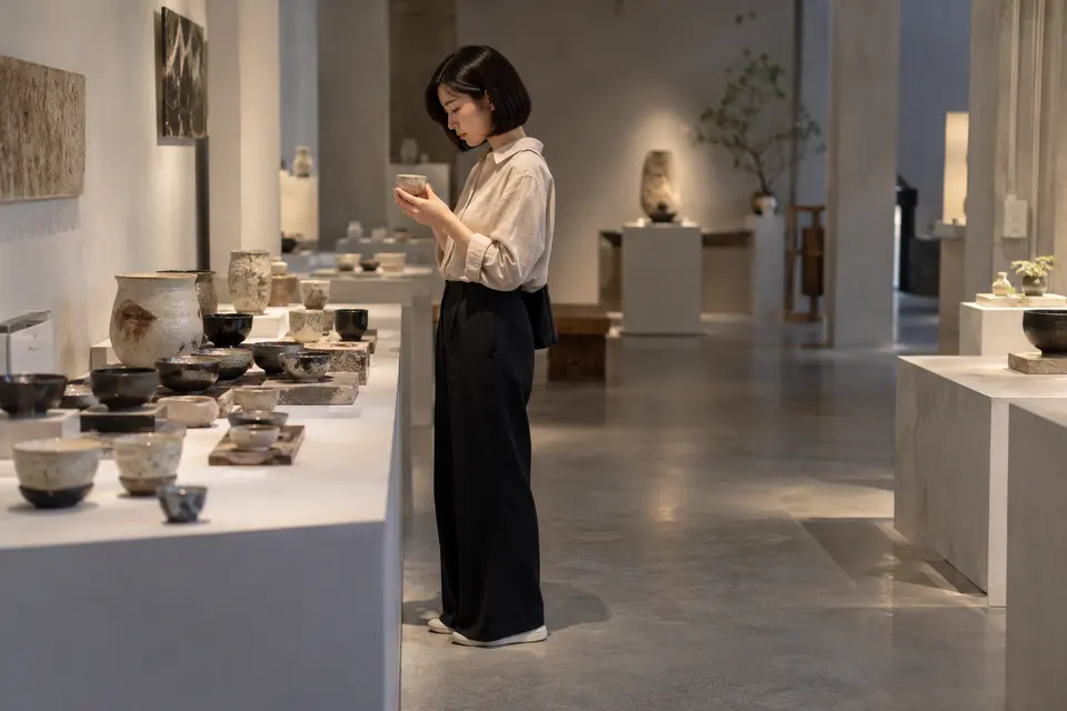 茶器展览现场，陶瓷茶器陈列与品饮体验