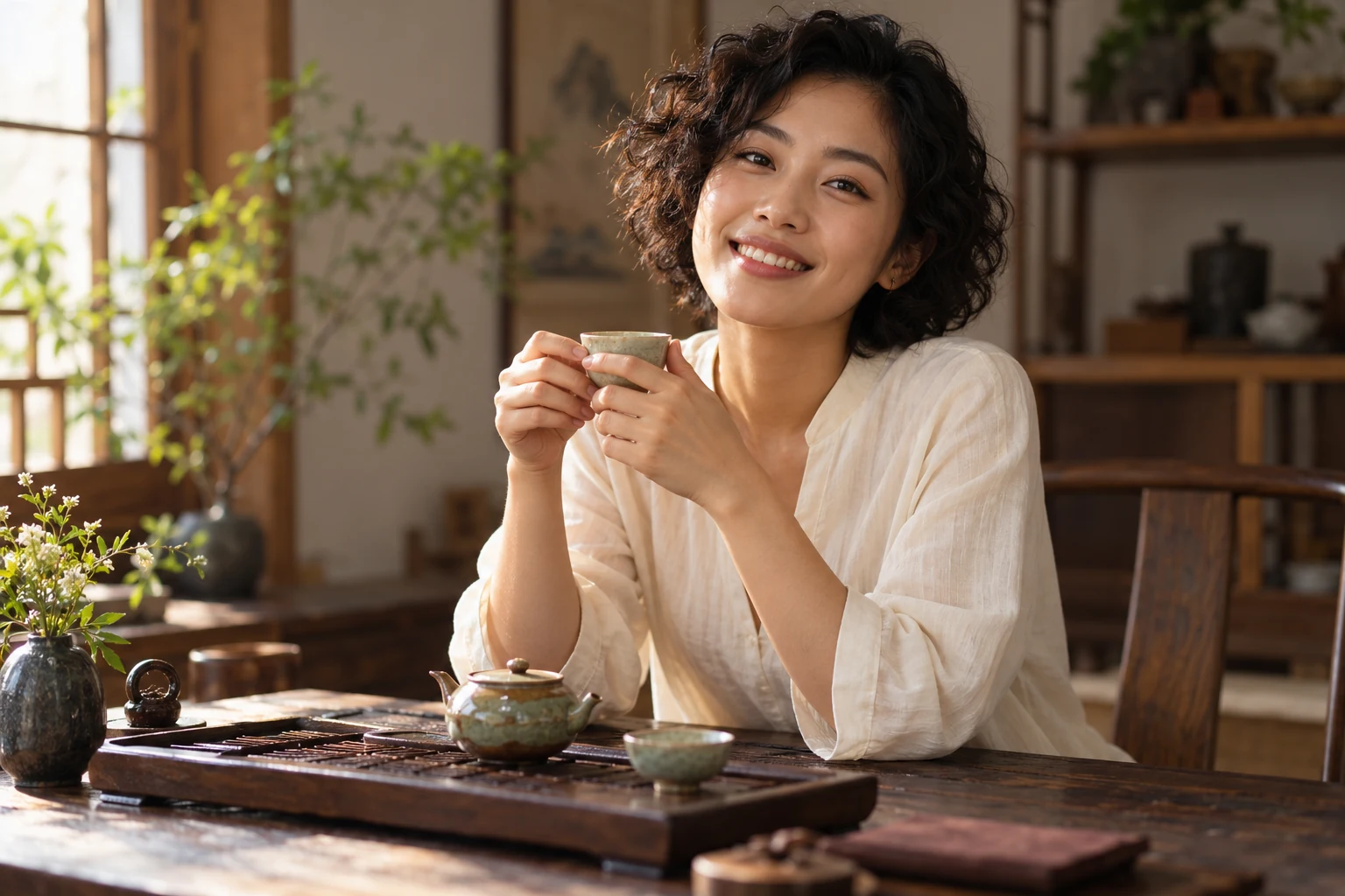 茶室中的年轻女性持杯品饮，环境清爽明亮