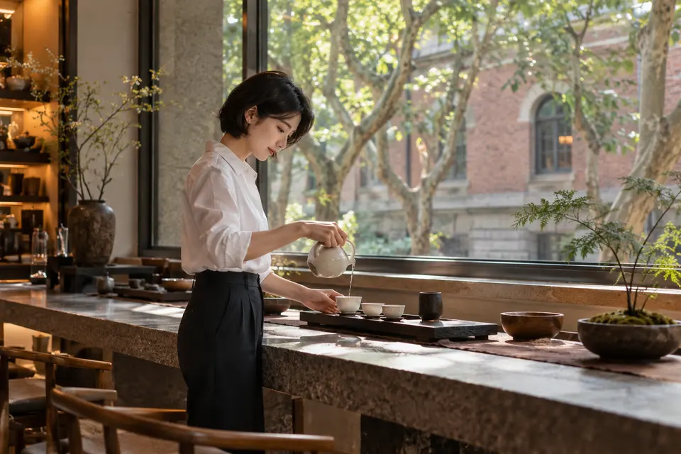 都市梧桐街区的茶室里，一位年轻女性正在为茶席倒茶，白瓷茶具摆在木桌上