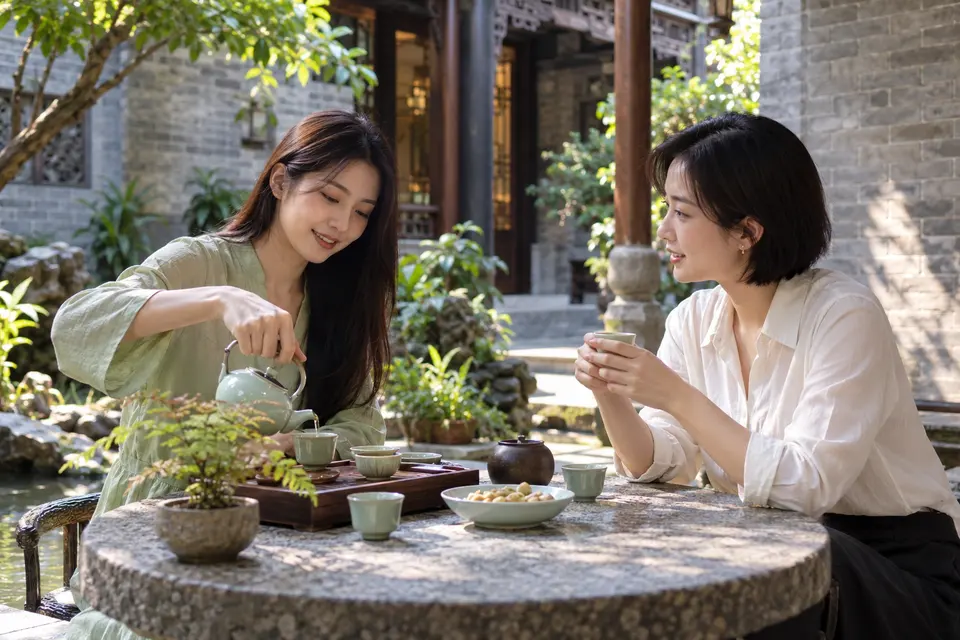 岭南庭院中的茶友交流，青瓷茶具与倒茶动作