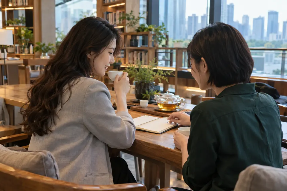 共享书房内的茶文化交流，桌上有记录本与茶杯